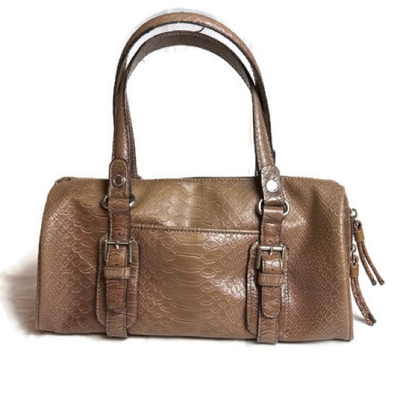 Vintage LIZ CLAIBORNE Brown Faux Croc PVC Satchel Baguette Purse Handbag - Picture 1 of 7